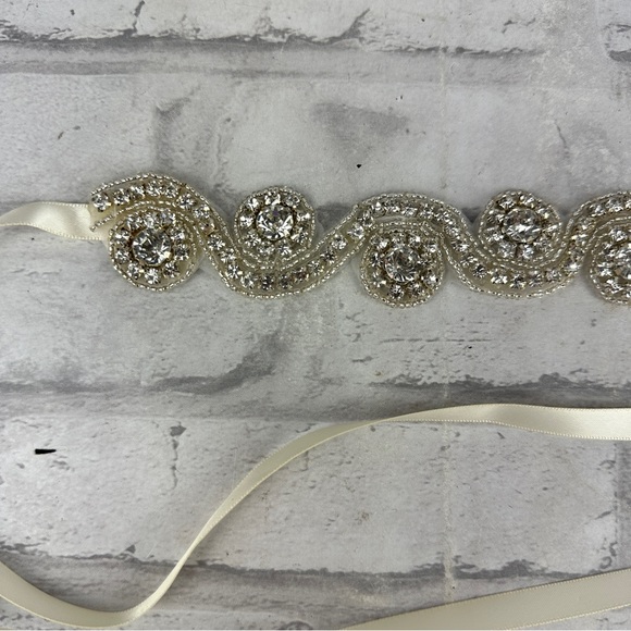 Rhinestone Bridal Belt Sash Off White Cream Colored Satin Ribbon - Picture 2 of 4